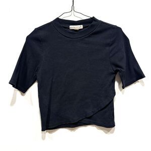 Top Tight Knit Mockneck Pullover Crossing Hem Black Ribbed Stretch Women Large